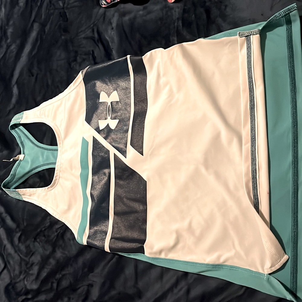 Dark blue,teal,and white tank top worn once